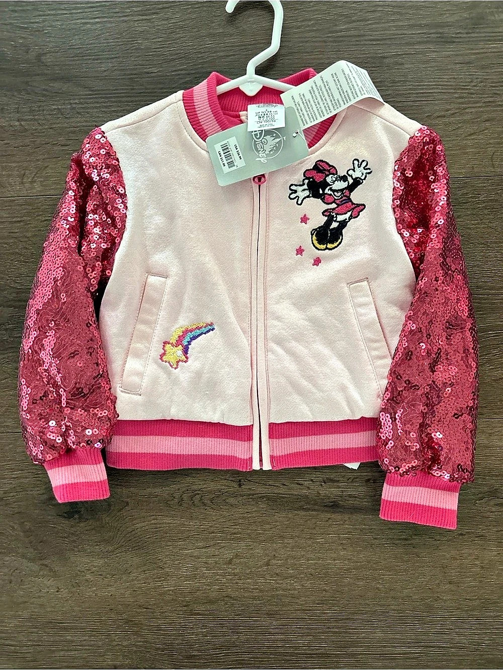 Disney Minnie Mouse Sequin Sleeve Bomber Jacket Pink & White Size 3T